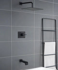 Dope Matte Black Shower Fixture Set With 12 Inch Shower Head Tub Spout And Single Handle Valve Included Easy Temperature Control Modern Black Bath Faucet System For Smooth Water Flow.