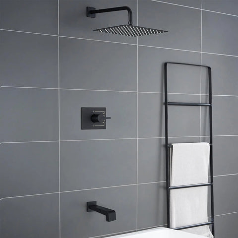 Dope Matte Black Shower Fixture Set With 12 Inch Shower Head Tub Spout And Single Handle Valve Included Easy Temperature Control Modern Black Bath Faucet System For Smooth Water Flow.
