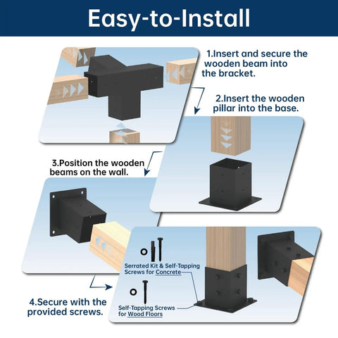 Installation steps for Heavy Duty Pergola Bracket Kit For 4x4 Posts With Wall Base 105 Degree 4 Way Connectors And 15 Degree Pitched Roof Mounts