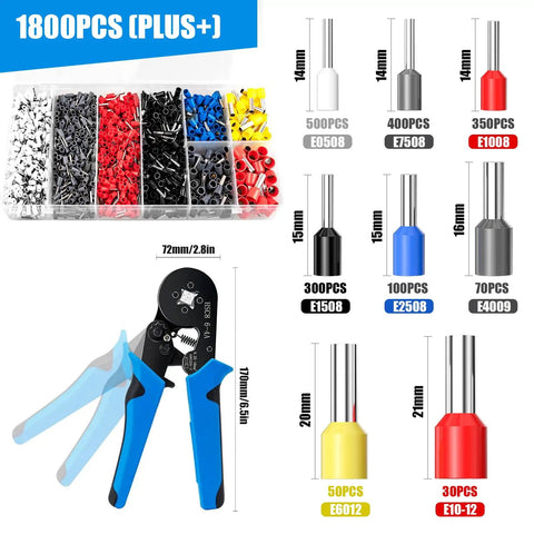 Pro Grade Ferrule Crimping Tool Kit with 1800 wire end terminals, crimpers, and self-adjustable ratchet for AWG 23 to 7