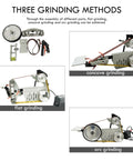 No Sweat Heavy Duty Bench Belt Sander Featuring Variable Speed Operation Compatible With 72 To 83 Inch Sanding Belts, showing three grinding methods.