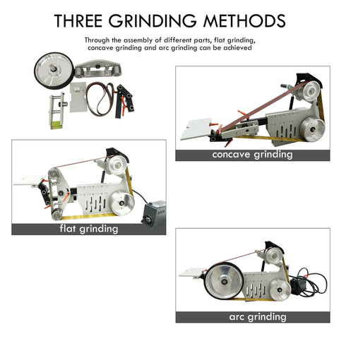 No Sweat Heavy Duty Bench Belt Sander Featuring Variable Speed Operation Compatible With 72 To 83 Inch Sanding Belts, showing three grinding methods.