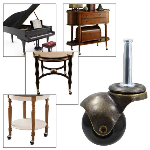 Vintage Ball Caster Wheels Set Of Four With Antique Copper Gold Finish For Furniture Replacement Sockets Included 5/16 X 1-1/2 Inch Mounting Stem 8X38mm Not For 3/8 Inch Socket Holes Suitable For Sofa Chair And Cabinet shown on different furniture types