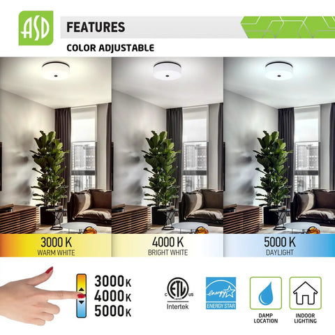 Light fixture demonstrating 3000K, 4000K, 5000K color adjustments for 15 Inch Round LED Flush Mount Light Fixture With Dimmable 23W 1400 Lumens 3000K 4000K 5000K 3CCT, 120V Energy Star ETL Listed Close-To-Ceiling Drum Chandelier In Dark Bronze Finish.