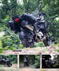 Motorcycle with 48L Waterproof Motorcycle Saddlebags Set For Adventure And Sport Rides on forest path