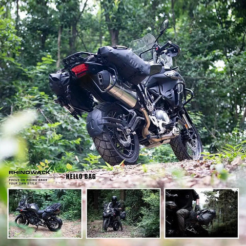 Motorcycle with 48L Waterproof Motorcycle Saddlebags Set For Adventure And Sport Rides on forest path