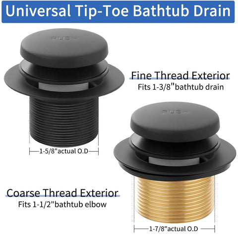 Heavy Duty Solid Brass Tub Drain Kit With Matte Black Finish And Universal Fit For Quick Bathroom Upgrades No Sweat Installation. Tip-toe drain stopper for tub.