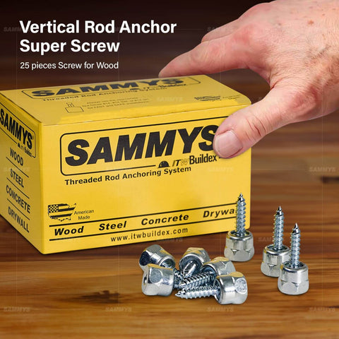 Vertical Rod Anchor Super Screw pack with screws shown, suitable for wood, steel, concrete, and drywall applications.