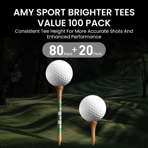 Birch Wood Golf Tees Value Pack 100 Count with 80 regular tees, 20 short tees, shown on green backdrop with golf balls.