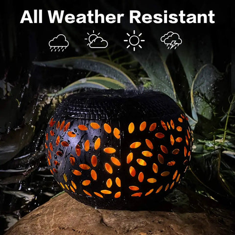 Solar Table Lantern With Dancing Flickering Flame LED Light Outdoor Waterproof Black Metal Desk Lamp in garden setting
