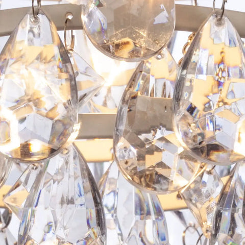 Close-up of Plug In Crystal White Dome Chandelier With Five Tiers Of Clear Acrylic Crystals, White Metal Frame, 10x11.5 Inch Size
