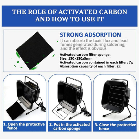 Portable Welding Fume Extractor With 50W Motor And 4600 RPM Low Noise Exhaust showing carbon filter installation steps