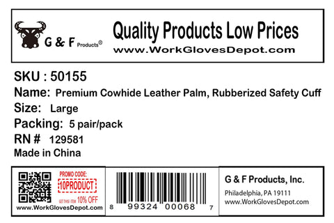 Product label for Cowhide Leather Work Gloves With Suede Finish Palm And Rubberized Safety Cuff, size large, 5 pair pack