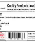 Label of Heavy Duty Leather Palm Work Gloves 60 Pair Pack Cowhide With Suede Finish, showing product details and packaging info