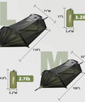 Dimensions of heavy duty camping hammock with mosquito net, showing large and medium sizes, portable nylon with two tree straps.