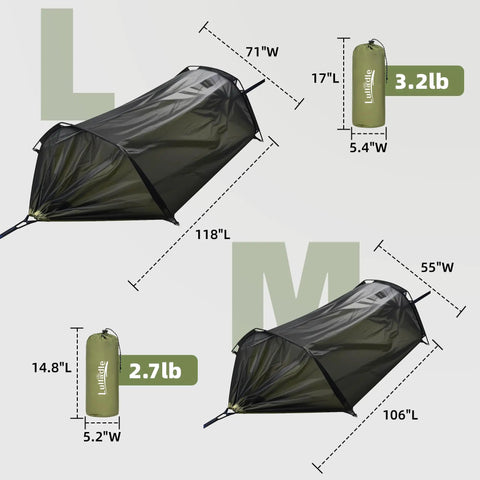 Dimensions of heavy duty camping hammock with mosquito net, showing large and medium sizes, portable nylon with two tree straps.