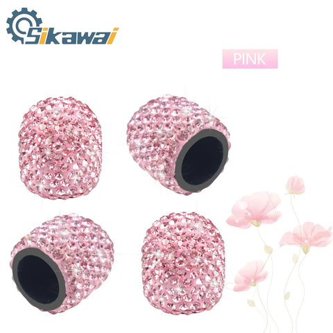 Pink Bling Valve Stem Caps With Sparkling Rhinestones Handmade Universal Car Tire Caps Chrome Look Dustproof Car Bike Motorcycle Accessories Long Lasting Sparkle, pack of 4 displayed