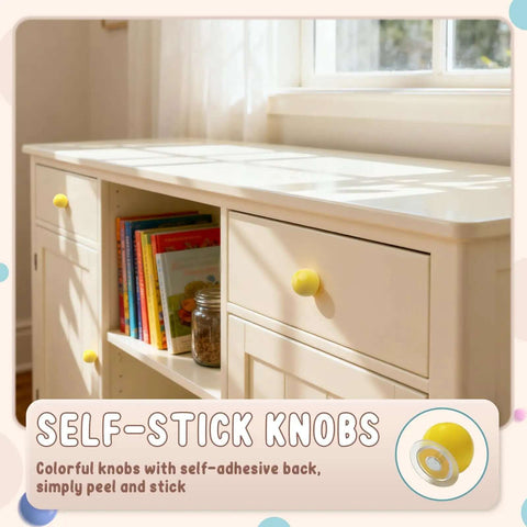Hassle Free Yellow Peel And Stick Cabinet Knobs Zero Drill Adhesive Drawer Pulls on dresser with colorful books.