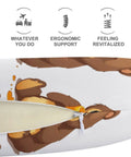 Bear Eating U Shaped Travel Pillow For Neck Support Comfy Memory Foam Fill with zip open, ergonomic support icons, and bear pattern.