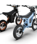Two Full Send Electric Dirt Bikes in black and blue, featuring rugged tires and sturdy frames, showcasing 2000W motors.