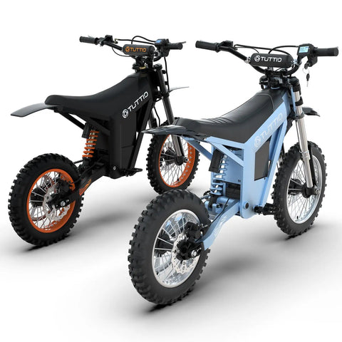 Two Full Send Electric Dirt Bikes in black and blue, featuring rugged tires and sturdy frames, showcasing 2000W motors.