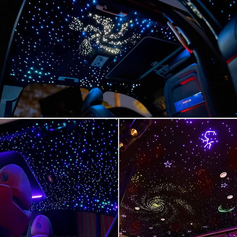 Car Starlight Headliner Kit With 36W Four Color Twinkle Fiber Optic Lights creating a starry ceiling effect in a vehicle interior