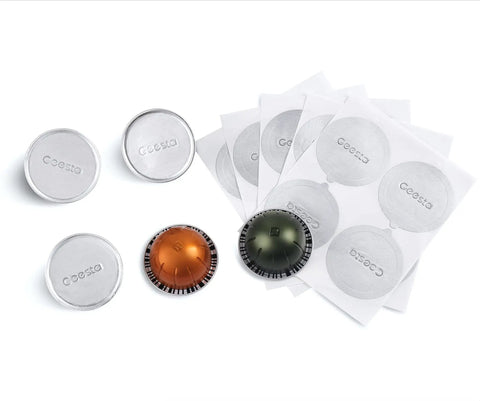 Reusable Aluminum Foil Seal Lids For Nespresso VertuoLine Capsules 240 Pcs Eco Friendly Refill Kit with assorted foil lids on display