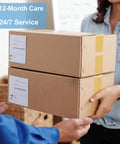 Person handing over two cardboard boxes for delivery with labels, featuring 12-month care and 24/7 service signs.