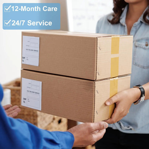 Person handing over two cardboard boxes for delivery with labels, featuring 12-month care and 24/7 service signs.