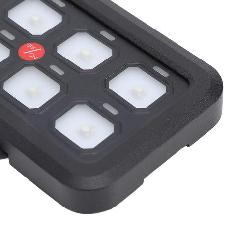 Close-up of Eight Gang LED Touch Control Switch Panel with dimmable relay system for trucks, boats, ATVs, SUVs, RVs