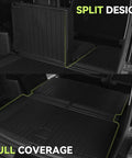 Split and full coverage view of all weather TPE floor mats for 2021 to 2026 Chevy Tahoe and GMC Yukon 8-seat models with bench seats.