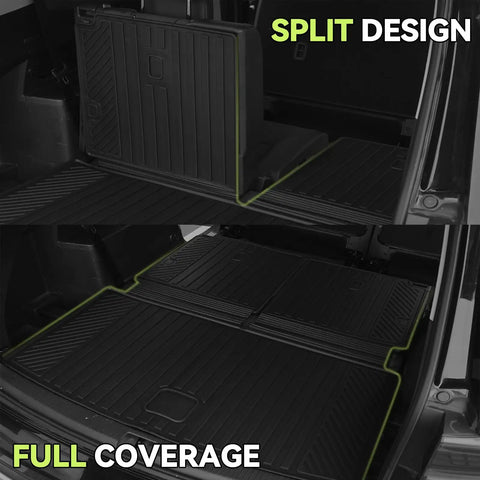 Split and full coverage view of all weather TPE floor mats for 2021 to 2026 Chevy Tahoe and GMC Yukon 8-seat models with bench seats.