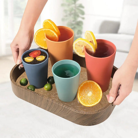 Serving tray with assorted colorful 12 Piece Wheat Straw Cups Set With 6 Colorful 12 Oz Cups And 6 Colorful 20 Oz Cups Unbreakable BPA Free.