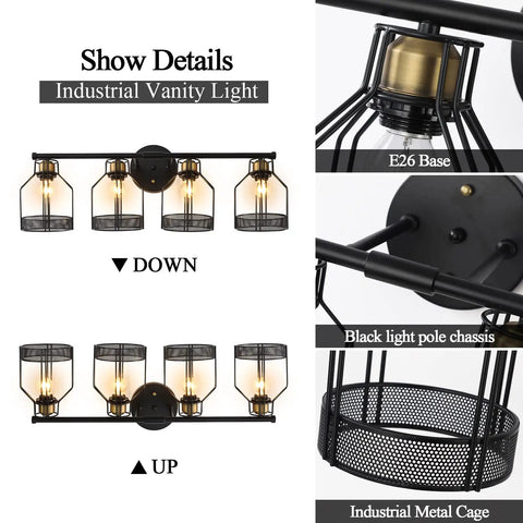 Industrial Farmhouse 4 Light Vanity Sconce with Vintage Edison Bulbs, black metal cage, E26 base, up/down mount bathroom lighting