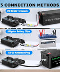 Beefy 14.6V LiFePO4 Battery Charger, 40A Fast Wake Up showing three connection methods for 12.8V batteries