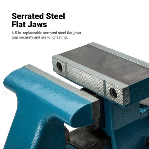 Heavy Duty Reversible Bench Vise With Dual Jaw Configurations 6.5 Inch Jaw Width And 6.7 To 10.8 Inch Jaw Opening Perfect For Handling Big And Small Workpieces In The Shop Durable Pro Grade Build For Pros And DIY Enthusiasts, serrated steel flat jaws