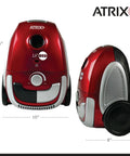Little Red Portable Canister Vacuum Boasts Two Quart HEPA Filter And Variable Speed Motor For Crushing Dust And Grime Like A Total Champ On Every Floor Surface Today, showing the front and side view.