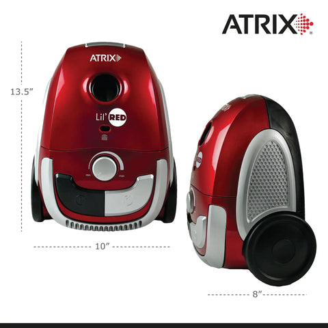 Little Red Portable Canister Vacuum Boasts Two Quart HEPA Filter And Variable Speed Motor For Crushing Dust And Grime Like A Total Champ On Every Floor Surface Today, showing the front and side view.