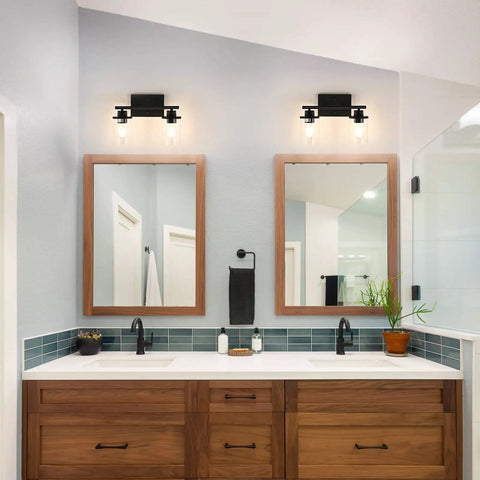 2-Light Matte Black Vanity Light Fixture With Clear Glass Shades, Vintage Wall Sconce Vibe For Bathroom, Bedroom, Living Room Or Hallway, E26 Base, Bulbs Not Included