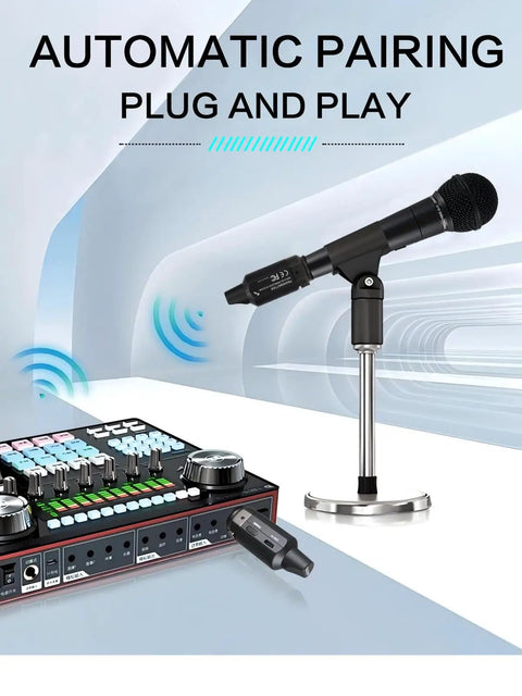 Aroma Wireless XLR Transmitter and Receiver Set for Pro UHF Microphone System with 7 Channels, showing automatic pairing feature