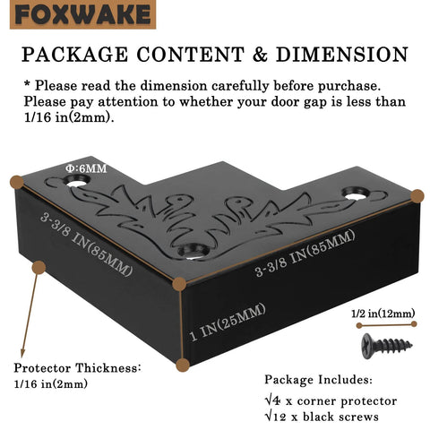 Black Metal Corner Protector 3.3 By 3.3 By 1 Inches For Wood Furniture And Doors 4 Pack Rust Resistant Zinc Alloy Edge Covers With Screws Farmhouse Style Barn Door Corner Guards Curved Edge Design For Safe Handling And Edge Protection with dimensions and screws shown
