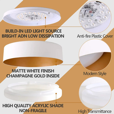 LED Ceiling Light Fixture 12.5 Inch Flush Mount Matte White With Gold Inside Dimmable 3000K Warm White 18W 100W Equiv parts diagram