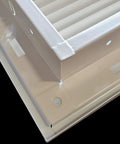 Corner view of 14x24 steel return air grille, white finish, for ceiling or sidewall with hinged frame for 1 inch filters. Fits 14x24 Duct Opening Steel Return Air Grille With Fixed Hinged Frame For 1 Inch Filters, Vent Cover For Sidewall Or Ceiling, White Finish, Easy Install, No Fuss Durable Build To Keep Airflow Fresh.