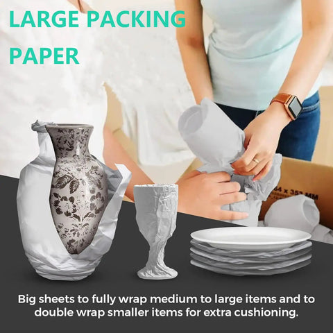 Person wrapping vase and dishes with 24X36 Inch Moving Newsprint Packing Paper Bulk 10.8Lb For Shipping And Moving Wrapping Fragile Items