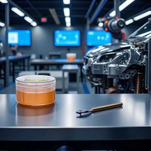 Conductive Electrical Contact Grease For Automotive And Electronics, Pro Grade Copper Anti Seize Paste on metal table in workshop