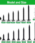Screw sizes and quantities from 195 Piece Black Wood Screws And Drywall Screws Kit With Flat Head And Phillips Truss Head Self Tapping Screws