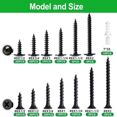 Screw sizes and quantities from 195 Piece Black Wood Screws And Drywall Screws Kit With Flat Head And Phillips Truss Head Self Tapping Screws