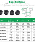 Dimensions chart with illustrations for Half Inch Drill Hole Silicone Top Hat Grommets For Wiring And Automotive Firewall Holes Three Eighths Inch ID 0.67 Inch OD 2mm Thick 10 Pack Cable Protector Gasket Seal Ring For Tubing Hydroponics And Irrigation.