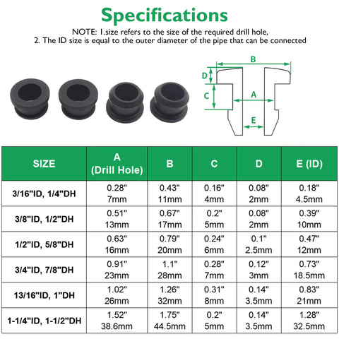 Dimensions chart with illustrations for Half Inch Drill Hole Silicone Top Hat Grommets For Wiring And Automotive Firewall Holes Three Eighths Inch ID 0.67 Inch OD 2mm Thick 10 Pack Cable Protector Gasket Seal Ring For Tubing Hydroponics And Irrigation.