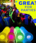 32 Pack Ultra Bright 6 Inch Glow Sticks With 12 Hour Glow, Emergency Lighting for parties, showing vibrant colors and party scene.